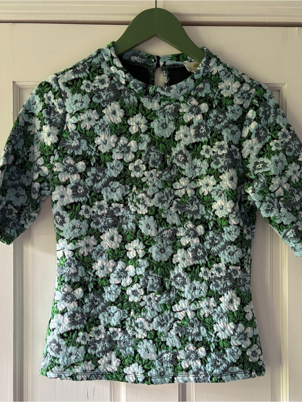Anthropologie Maeve Green White and Blue Floral Textured Short Sleeve Top